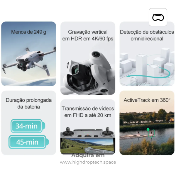 Drone DJI Mini 4 Pro 4K 60fps, 128GB Combo Plus HDR, 20km, Detecção de Obstáculos, GPS - Original High Tech Pro ®